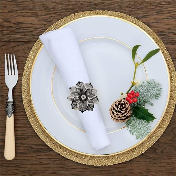 Picowe Set of 12 Alloy Napkin Rings with Hollow Out Flower Napkin Ring Holders - Picture 3 of 8